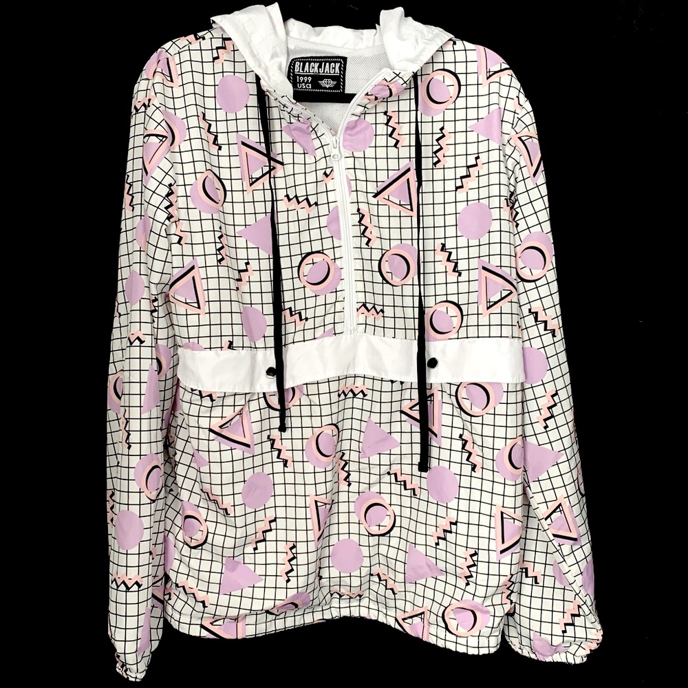 Black Jack 1999 USA Vintage Geometric Grid Print Windbreaker Hoodie